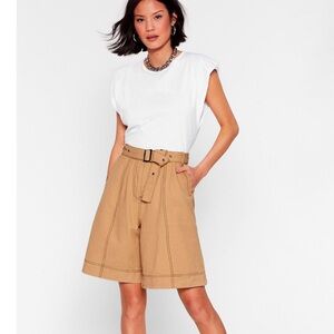 Nasty Gal Win Win Stitch-uation High-Waisted Belted Shorts in Oatmeal color